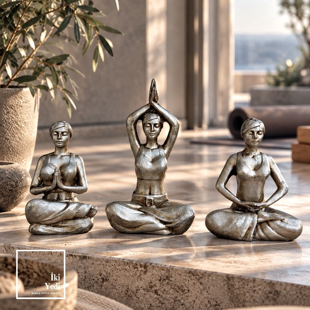 Holce Yoga Yapan Kadınlar 3'lü Biblo Seti Gri Eskitme Meditasyon Objesi Modern Salon Aksesuarı