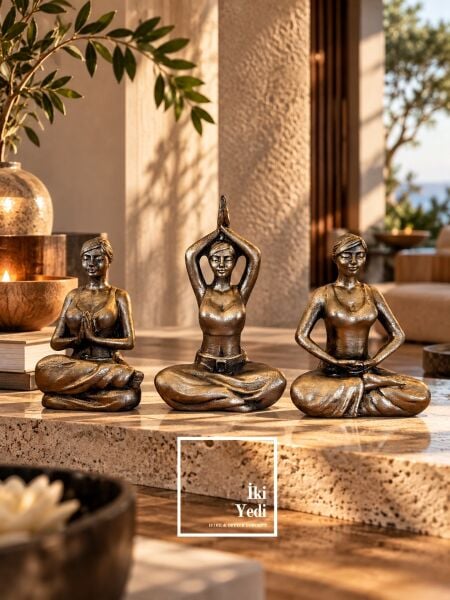 Holce Yoga Yapan Kadınlar 3'lü Biblo Seti Gold Eskitme Lüks Meditasyon Objesi Dresuar Aksesuarı