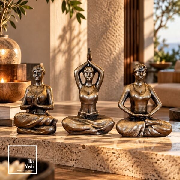 Holce Yoga Yapan Kadınlar 3'lü Biblo Seti Gold Eskitme Lüks Meditasyon Objesi Dresuar Aksesuarı