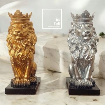 Richard 35 cm Taçlı Aslan Kral Heykeli Dekoratif Obje Arslan Figür Gold & Gri Renk Ev Ofis Hediyesi Hediyelik Eşyalar