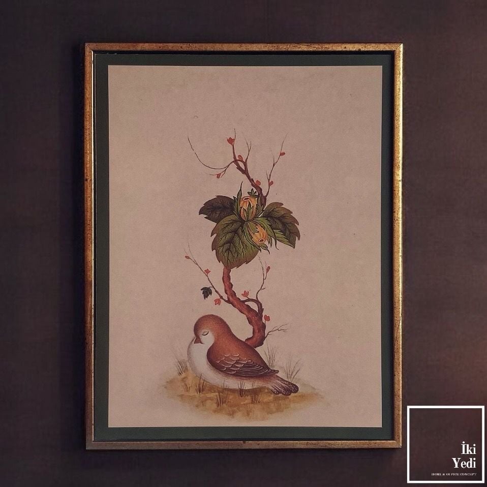 Ardıç Ağacı ve Ardıç Kuşu Tablosu MDF Golden Eskitme Çerçeveli 18 x 23 cm Duvar Dekoru Dekorasyon Ürünleri