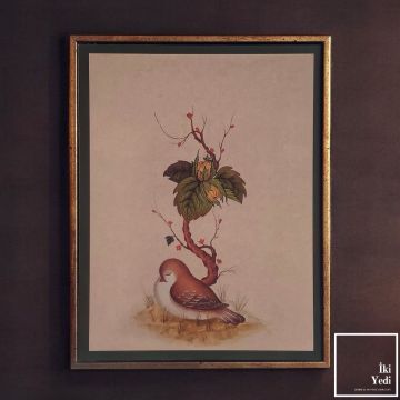 Ardıç Ağacı ve Ardıç Kuşu Tablosu MDF Golden Eskitme Çerçeveli 18 x 23 cm Duvar Dekoru Dekorasyon Ürünleri