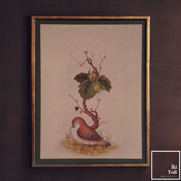Ardıç Ağacı ve Ardıç Kuşu Tablosu MDF Golden Eskitme Çerçeveli 18 x 23 cm Duvar Dekoru Dekorasyon Ürünleri