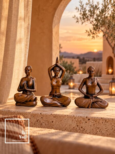Holce Yoga Yapan Kadınlar 3'lü Biblo Seti Kahverengi Eskitme Ahşap Dokulu Meditasyon Objesi