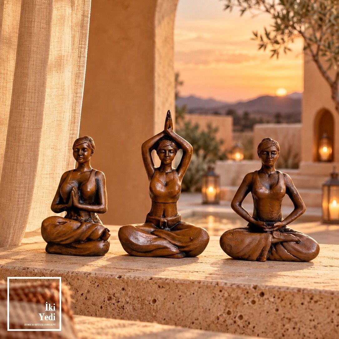 Holce Yoga Yapan Kadınlar 3'lü Biblo Seti Kahverengi Eskitme Ahşap Dokulu Meditasyon Objesi