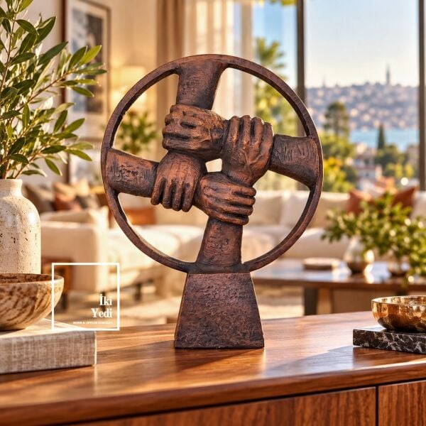 Güç Birliği Kenetlenmiş Eller Objesi Daire Formlu Modern Salon Biblosu Ofis Hediyesi Heykel Dekor