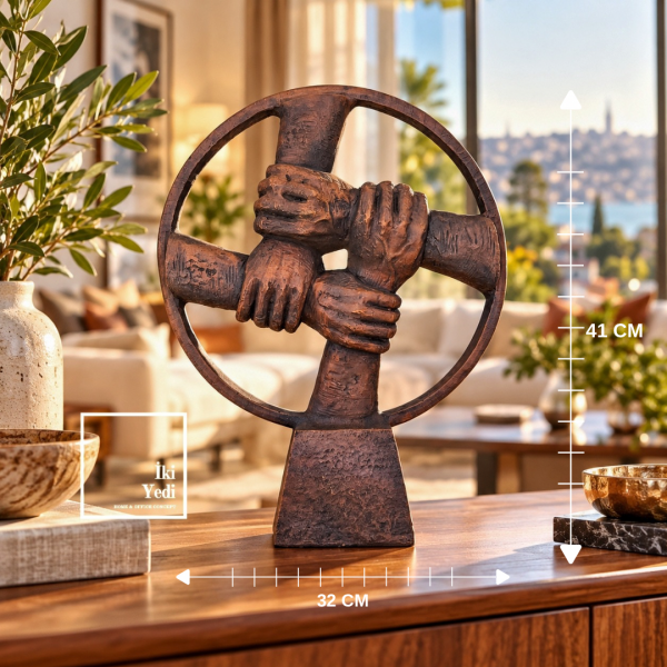 Güç Birliği Kenetlenmiş Eller Objesi Daire Formlu Modern Salon Biblosu Ofis Hediyesi Heykel Dekor