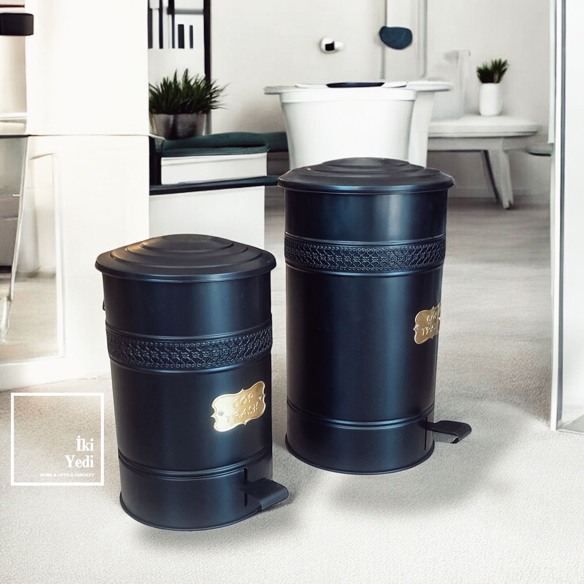Thuram Siyah Metal Pedallı Çöp Kovası Seti 30L & 16L – Ofis Tipi Şık Çöp Kutusu, Ofis Hediyesi