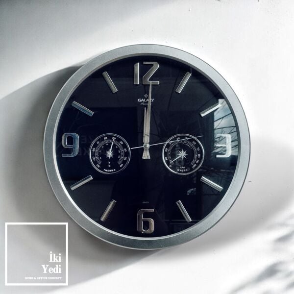 Dereck 40 cm Duvar Saati Termometreli Gümüş Gri Siyah Renk Duvar Dekorasyonu Ev Hediyesi Ofis Hediyelik Eşyalar Dekoratif Objeler Kategori Duvar Saatleri