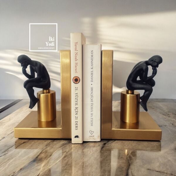 Düşünen Adam Kitap Tutucu Seti – Metal Kitap Destekleri Gold Siyah Ofis Ev Dekoratif Hediyelik