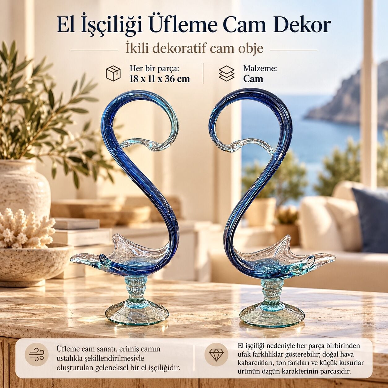 Cygnora 771 El İşçiliği Üfleme Cam İkili Dekoratif Obje Mavi Akışkan Form Heykel Kuğu Biblosu Figür
