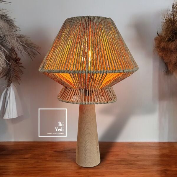Zolie Masif Ahşap Halat Örme Abajur, Otantik Masa Lambası, Naturel Dekoratif Ev İş Hediyesi