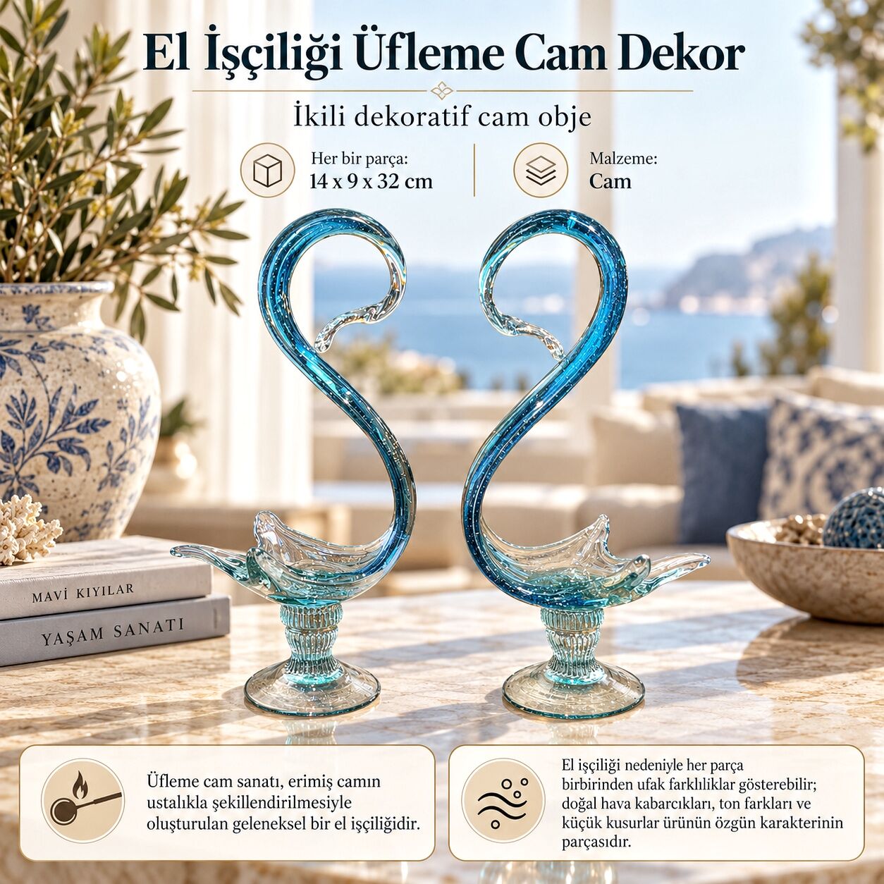 Cygnora 772 El İşçiliği Üfleme Cam İkili Dekoratif Obje Zarafet Temalı Mavi Biblo 32 cm Ev Hediyesi
