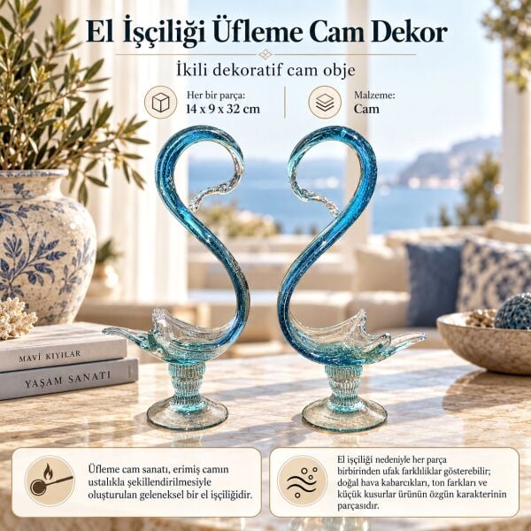 Cygnora 772 El İşçiliği Üfleme Cam İkili Dekoratif Obje Zarafet Temalı Mavi Biblo 32 cm Ev Hediyesi