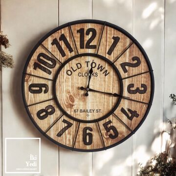 Bailey 52 cm Metal Rustik Duvar Saati, Ahşap Görünümlü Old Town Büyük Dekoratif Saat