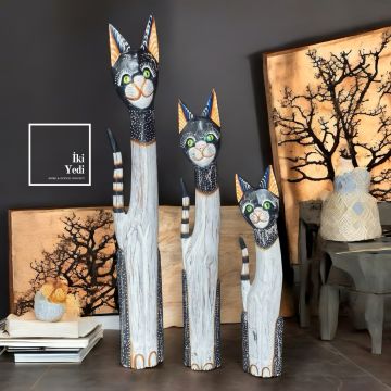 Tizzy 100 cm 3’lü Ahşap Kedi Figürü Takımı – El Yapımı Otantik Dekoratif Objeler Ev Ofis Hediyesi