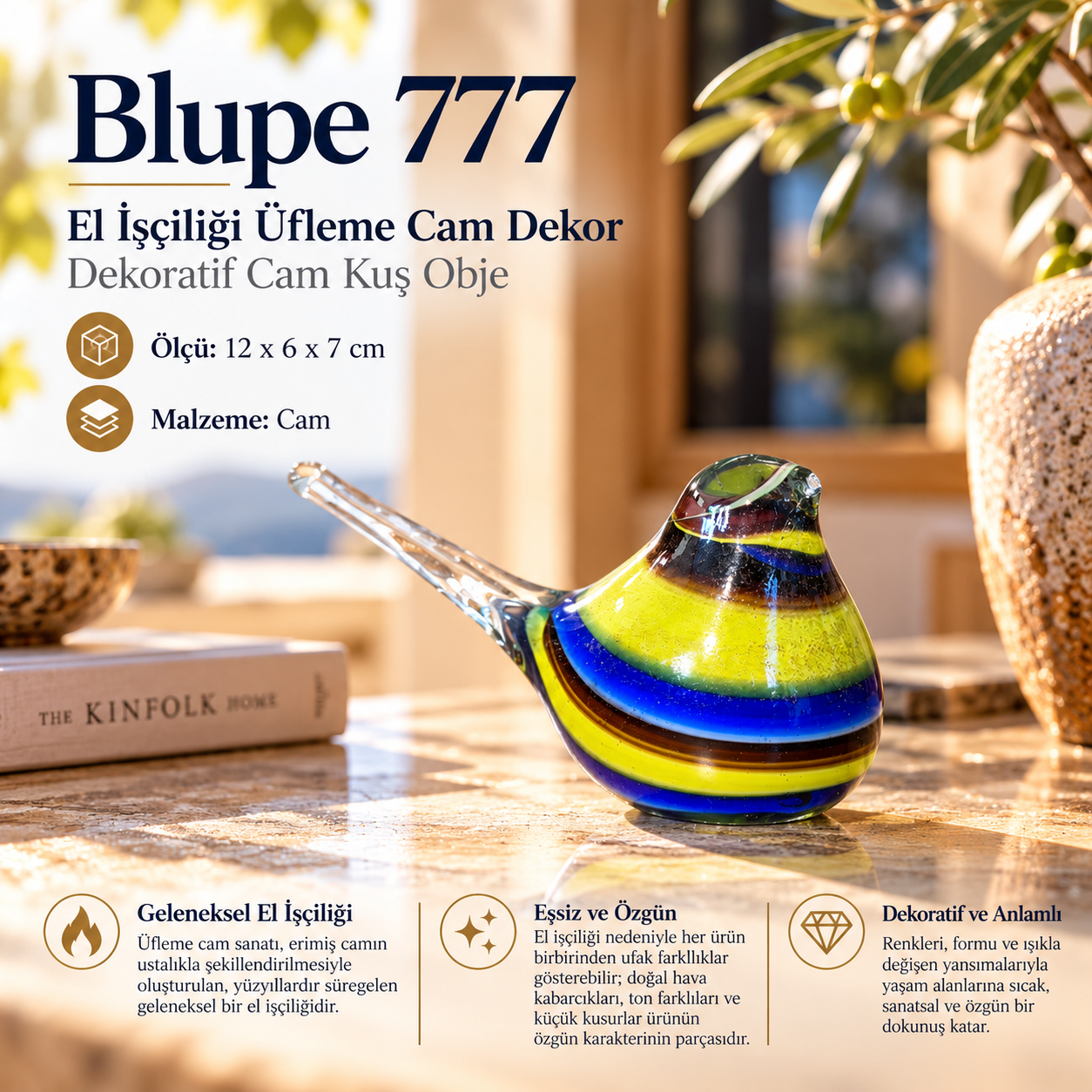 Blupe 777 El İşçiliği Üfleme Cam Kuş Objesi Lacivert Sarı Kontrast Cam Biblo 12 cm Ev Ofis Hediye