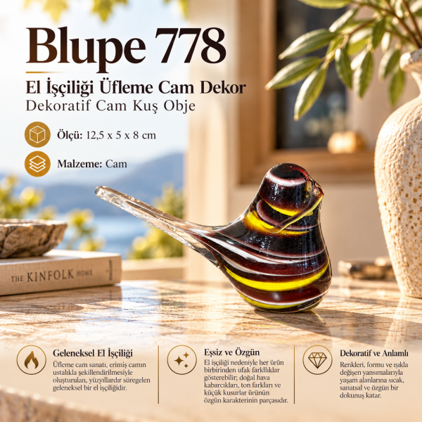 Blupe 778 El İşçiliği Üfleme Cam Kuş Objesi Siyah Sarı Mistik Ton Cam Biblo 12,5 cm Ev Ofis Hediye