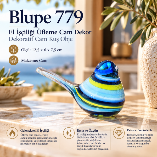 Blupe 779 El İşçiliği Üfleme Cam Kuş Objesi Mavi Sarı Çizgili Dekoratif Biblo Ev Ofis Hediye Dekor