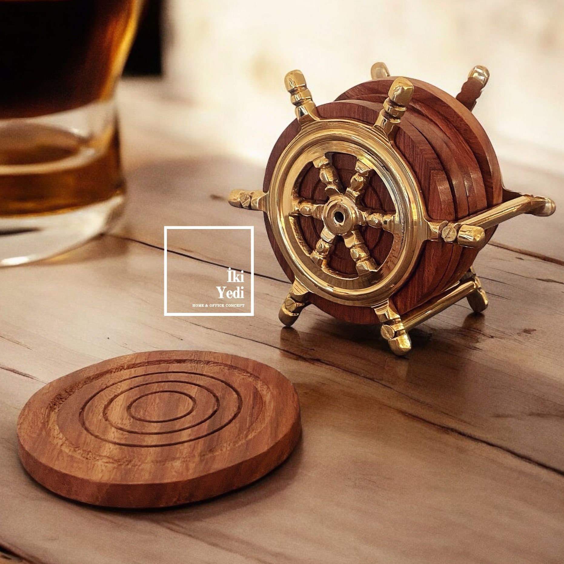 Brenet Masif Ahşap Pirinç Bardak Altlığı Seti – Viski Bardağı Altlığı, Antika Ofis Hediyelik