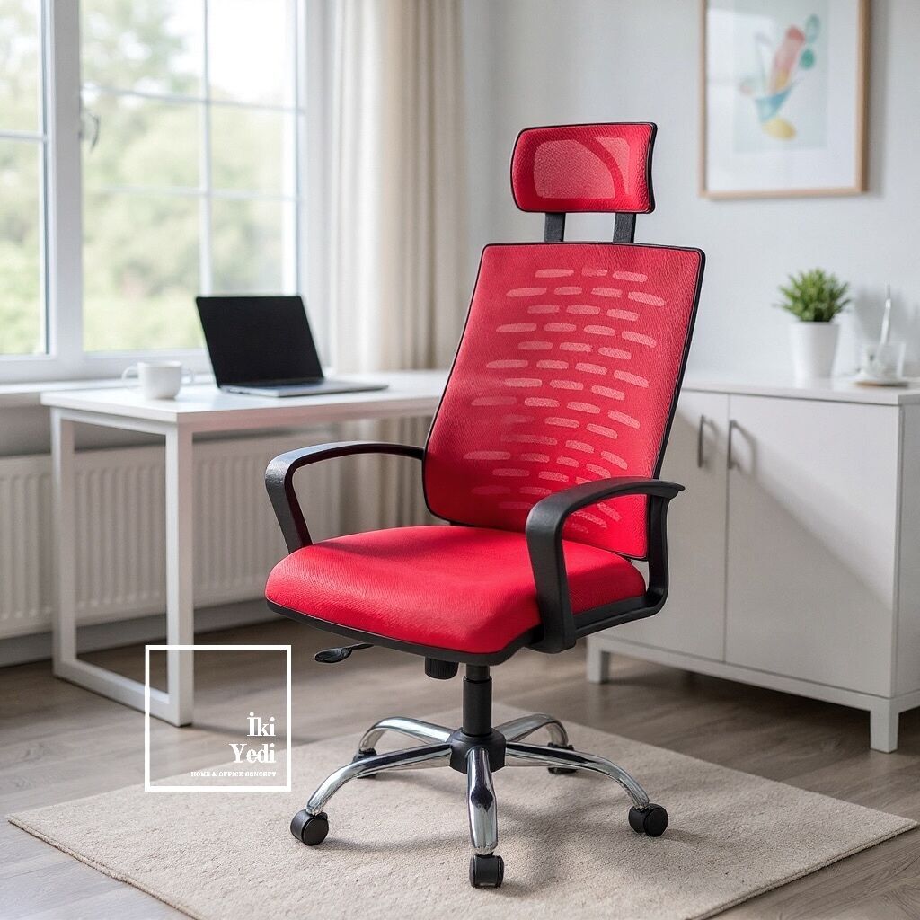 Renvoi Kırmızı Fileli Yönetici Koltuğu Başlıklı Bilgisayar Koltuğu, Ofis ve Çalışma Koltuğu Sandalyesi Büro Ev
