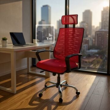 Renvoi Kırmızı Fileli Yönetici Koltuğu Başlıklı Bilgisayar Koltuğu, Ofis ve Çalışma Koltuğu Sandalyesi Büro Ev