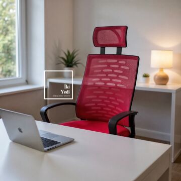 Renvoi Kırmızı Fileli Yönetici Koltuğu Başlıklı Bilgisayar Koltuğu, Ofis ve Çalışma Koltuğu Sandalyesi Büro Ev