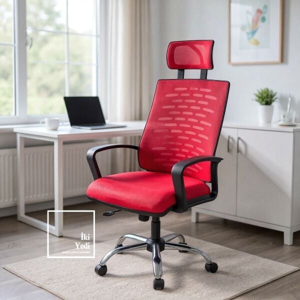 Renvoi Kırmızı Fileli Yönetici Koltuğu Başlıklı Bilgisayar Koltuğu, Ofis ve Çalışma Koltuğu Sandalyesi Büro Ev