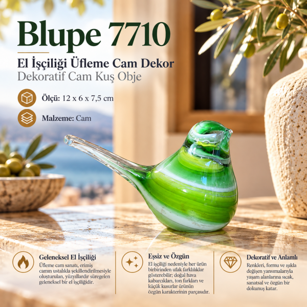 Blupe 7710 El İşçiliği Üfleme Cam Kuş Objesi Zümrüt Yeşili Doğal Dokulu Biblo 12 cm Ev Ofis Hediye