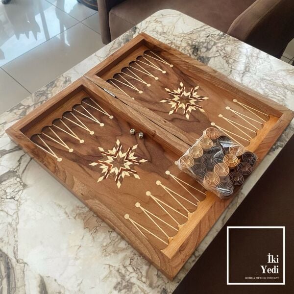 Martin Minimalist Ahşap Tavla Takımı Antik Konsept Ürünü Backgammon Çift Taraflı Satrançlı Damalı