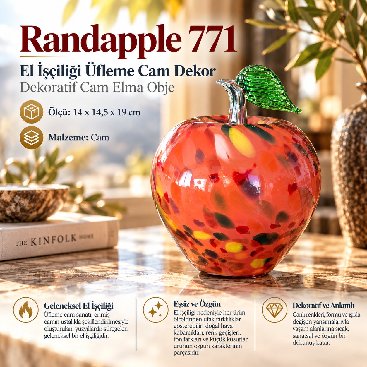 Randapple 771 El İşçiliği Üfleme Cam Elma Objesi Kırmızı Benekli Büyük Biblo 19 cm Ev Ofis Hediye