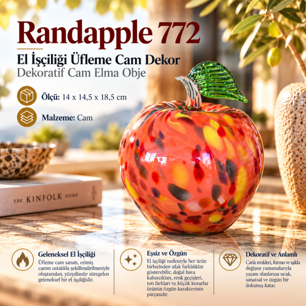 Randapple 772 El İşçiliği Üfleme Cam Elma Objesi Sıcak Kırmızı Renkli Cam Biblo 18,5 cm Hediyelik