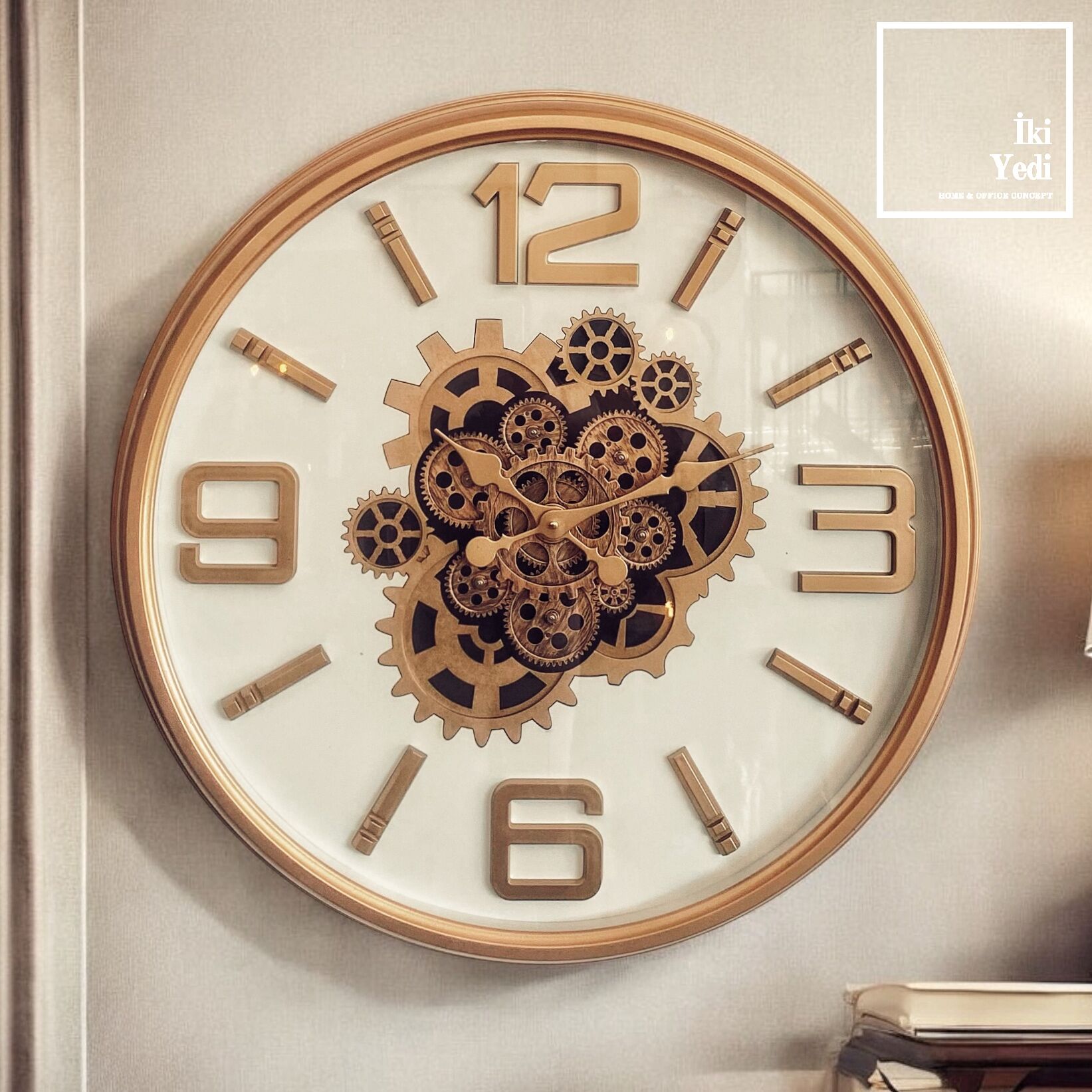 Wesley 70 cm Gold Detaylı Dişli Çarklı Duvar Saati, Büyük Endüstriyel Mekanik Salon Ofis Saat