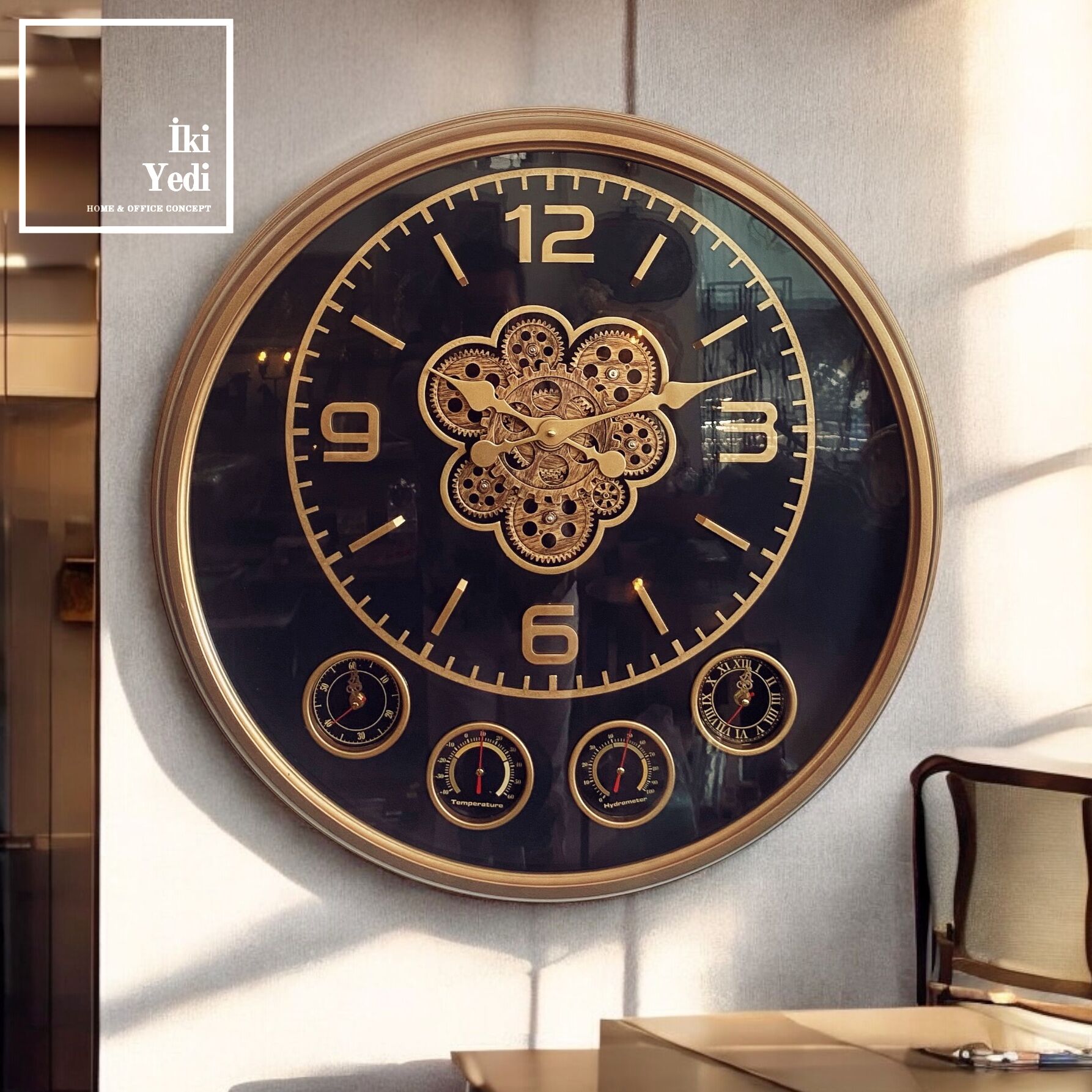 Modena 70 cm Döner Çarklı Duvar Saati, Termometreli Nem Göstergeli Endüstriyel Büyük Saat