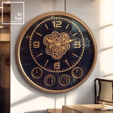 Modena 70 cm Döner Çarklı Duvar Saati, Termometreli Nem Göstergeli Endüstriyel Büyük Saat