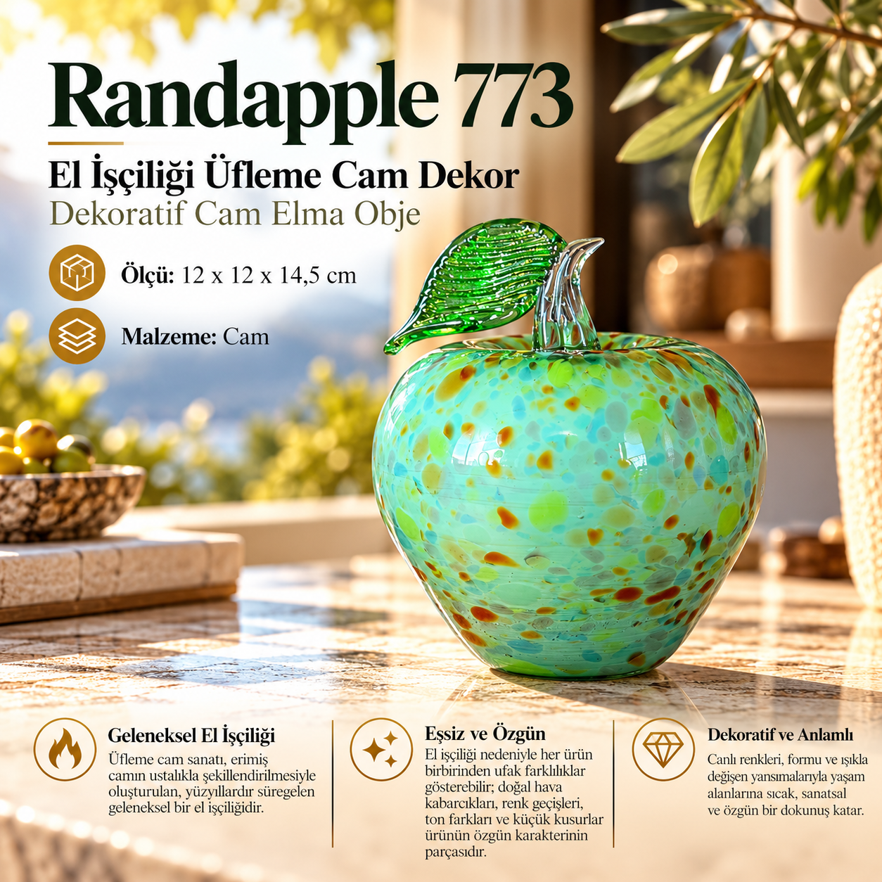 Randapple 773 El İşçiliği Üfleme Cam Elma Objesi Fıstık Yeşili Benekli Biblo 14,5 cm Ev Ofis Hediye