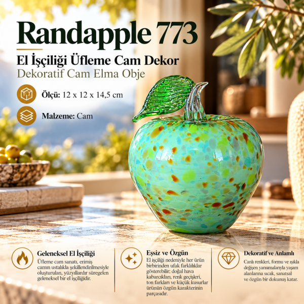 Randapple 773 El İşçiliği Üfleme Cam Elma Objesi Fıstık Yeşili Benekli Biblo 14,5 cm Ev Ofis Hediye