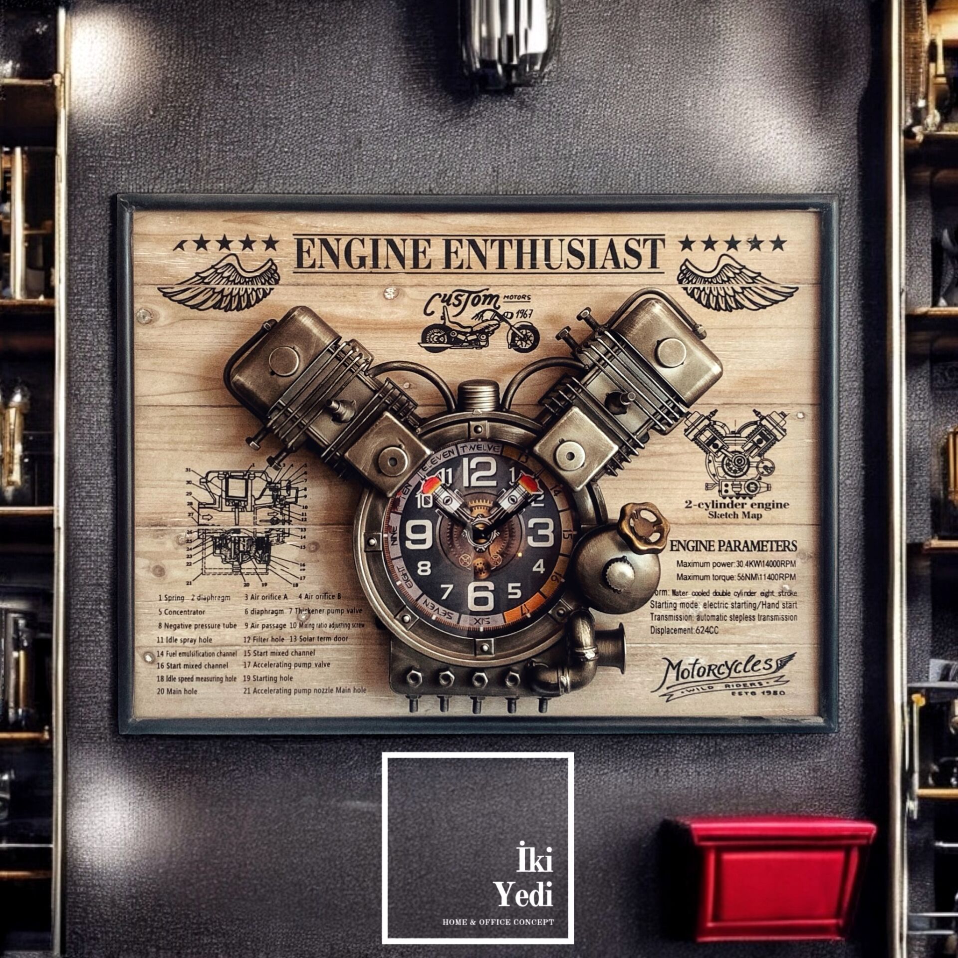 Motor Blok Tasarımlı Duvar Saati, Retro Endüstriyel Piston Saat, Garage ve Erkek Odası Dekoru, Motor Severlere Özel