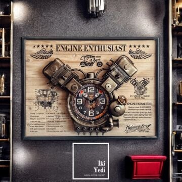 Motor Blok Tasarımlı Duvar Saati, Retro Endüstriyel Piston Saat, Garage ve Erkek Odası Dekoru, Motor Severlere Özel
