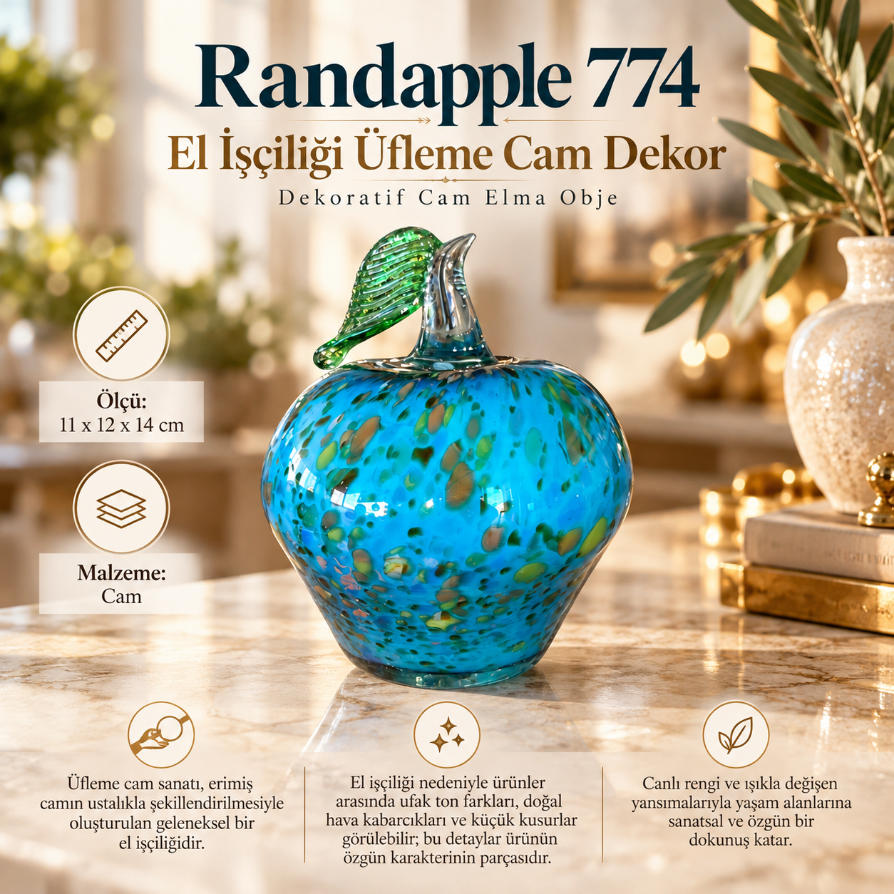 Randapple 774 El İşçiliği Üfleme Cam Elma Objesi Turkuaz Mavi Renkli Cam Biblo 14 cm Ev Ofis Hediye