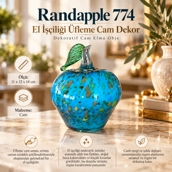 Randapple 774 El İşçiliği Üfleme Cam Elma Objesi Turkuaz Mavi Renkli Cam Biblo 14 cm Ev Ofis Hediye