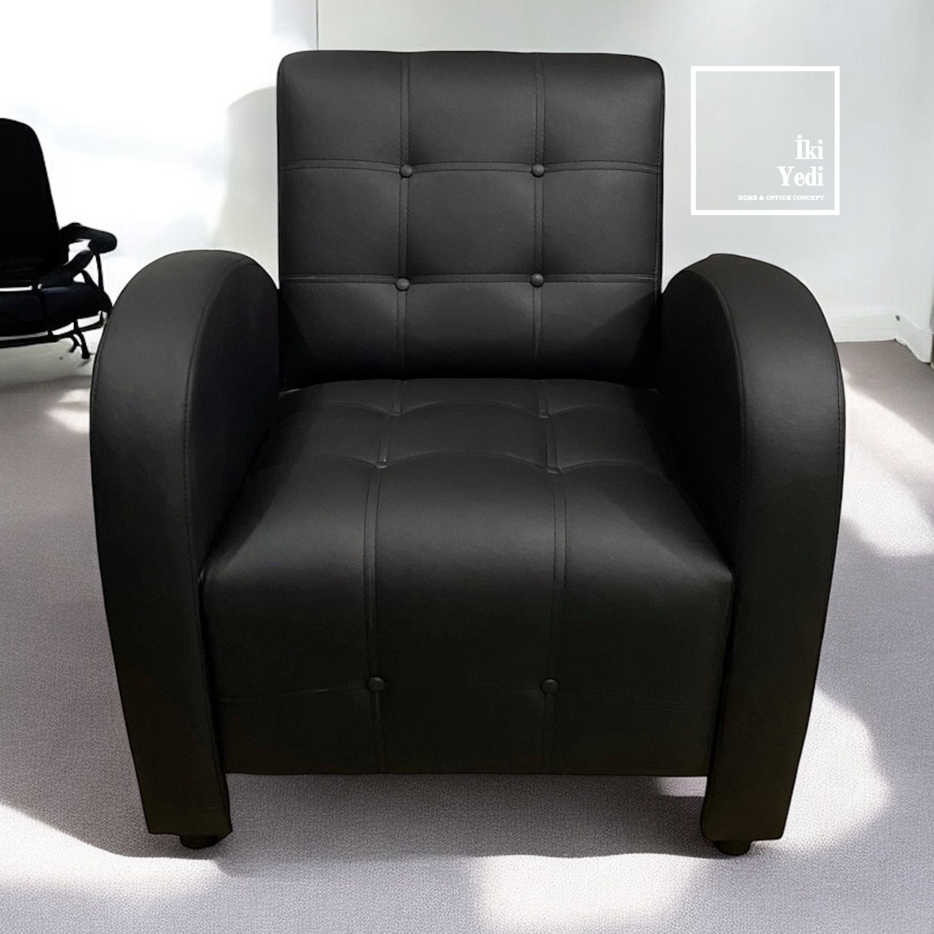 Argent Siyah Suni Deri Berjer Ofis Bekleme Koltuğu Büro Misafir Koltukları Ofis Mobilyaları Makam Odası Dinlenme Salonu