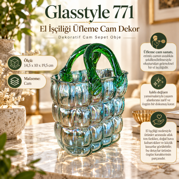 Glasstyle 771 El İşçiliği Üfleme Cam Çanta Sepet Objesi Yeşil Kulplu Biblo Vazosu 19,5 cm Hediyelik