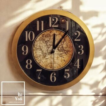 Raul 35 cm Vintage Dünya Haritalı Duvar Saati, Siyah Gold Çerçeve, Retro Ofis Salon Dekoru