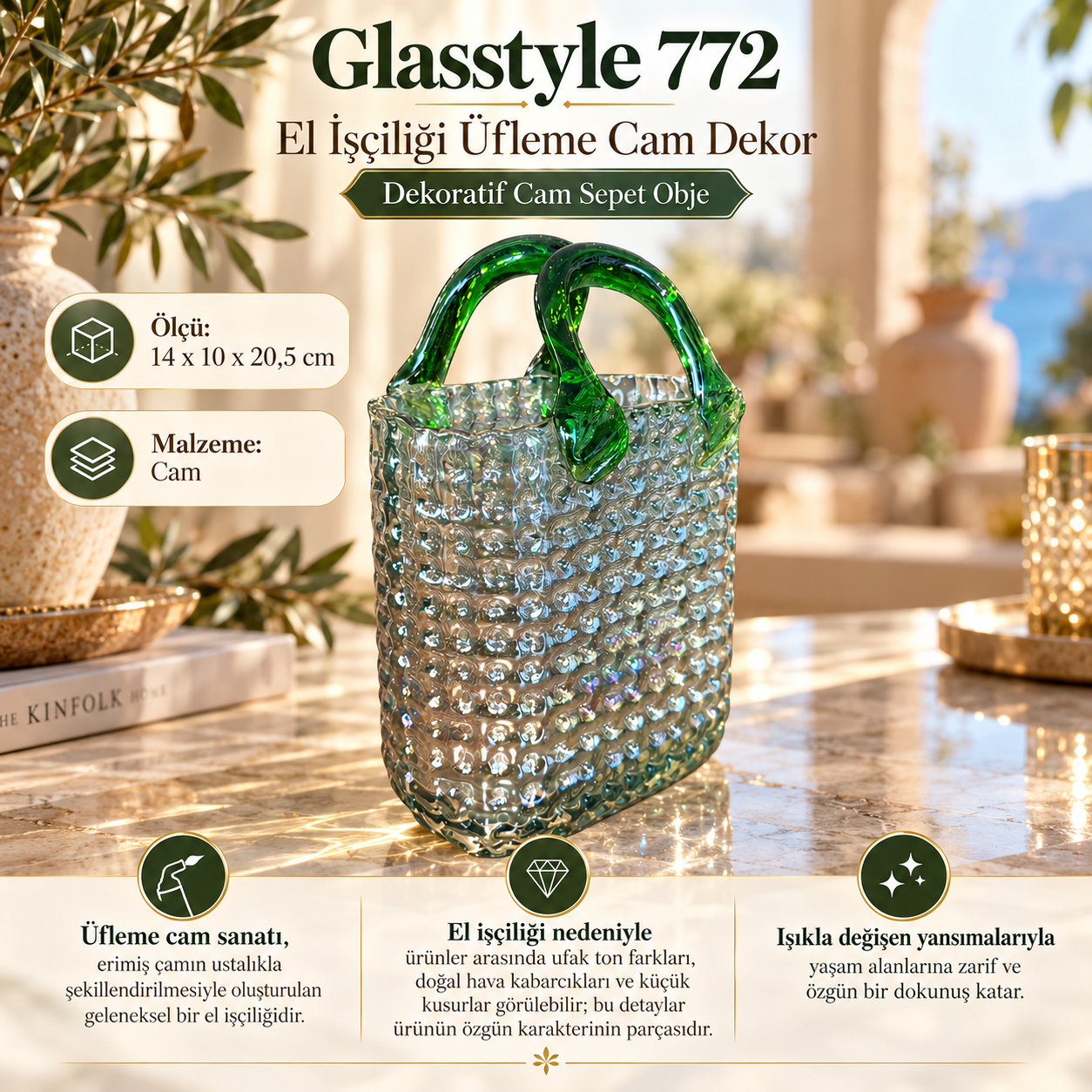 Glasstyle 772 El İşçiliği Üfleme Cam Çanta Sepet Objesi Yeşil Kulplu Dekoratif Vazo Hediyelik Eşya