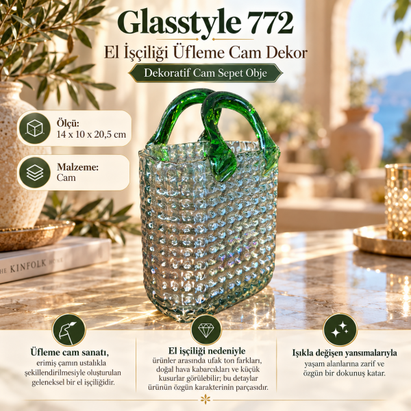 Glasstyle 772 El İşçiliği Üfleme Cam Çanta Sepet Objesi Yeşil Kulplu Dekoratif Vazo Hediyelik Eşya
