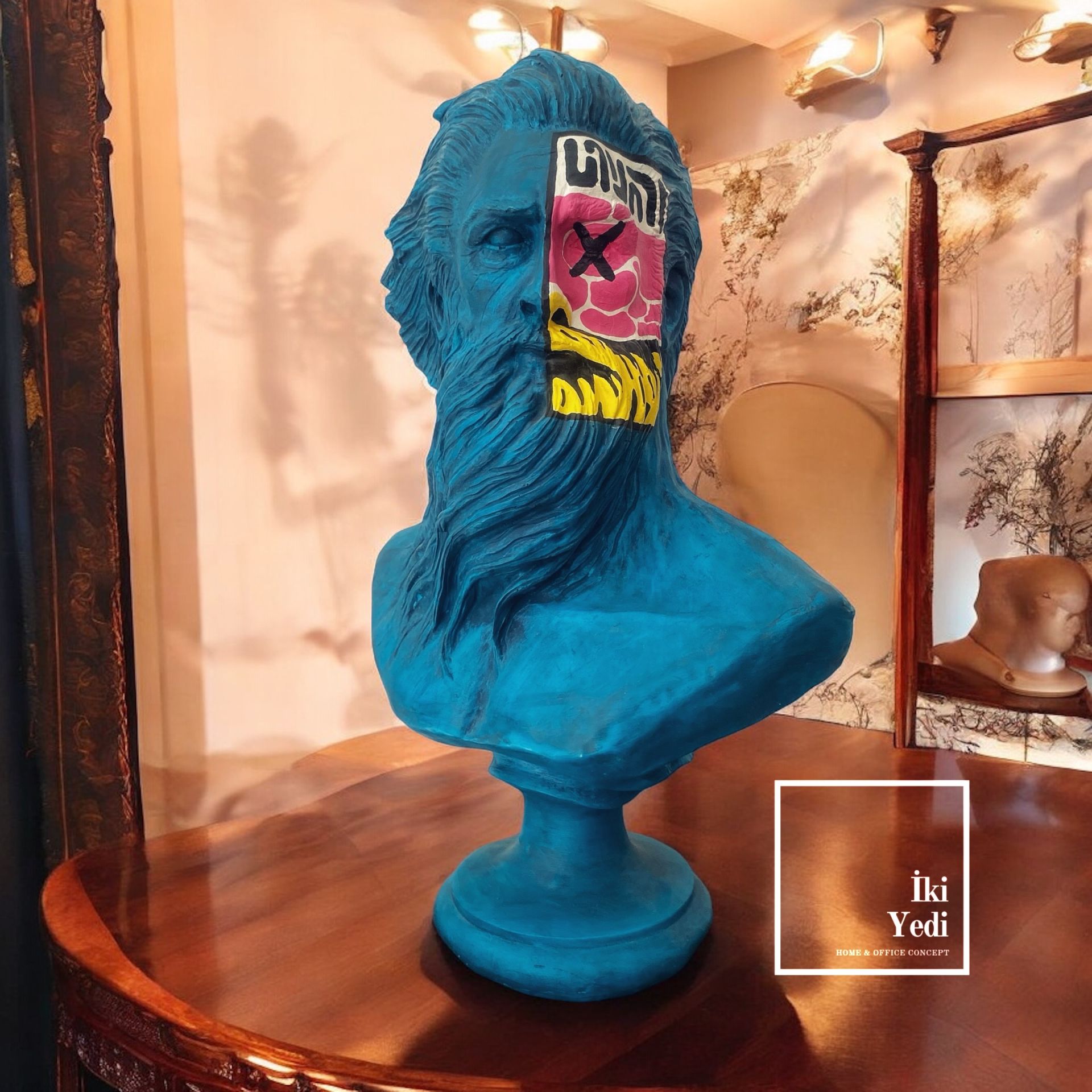 Antik Yunan Mitolojisi Poseidon Heykeli 36 cm Büyük Büst Biblo Renkli Popart Dekoratif Obje Ev Ofis Hediyesi