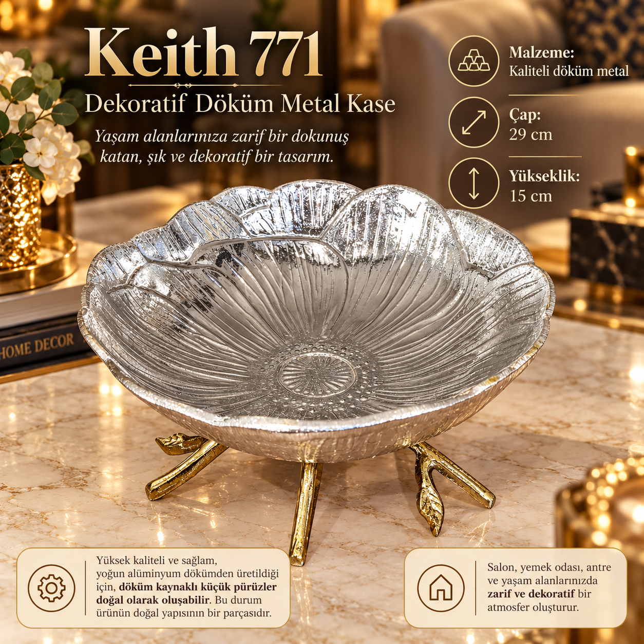 Keith 771 Dekoratif Döküm Metal Kase Çiçek Formlu Altın Ayaklı Büyük Sunumluk Ev Ofis Hediyelik