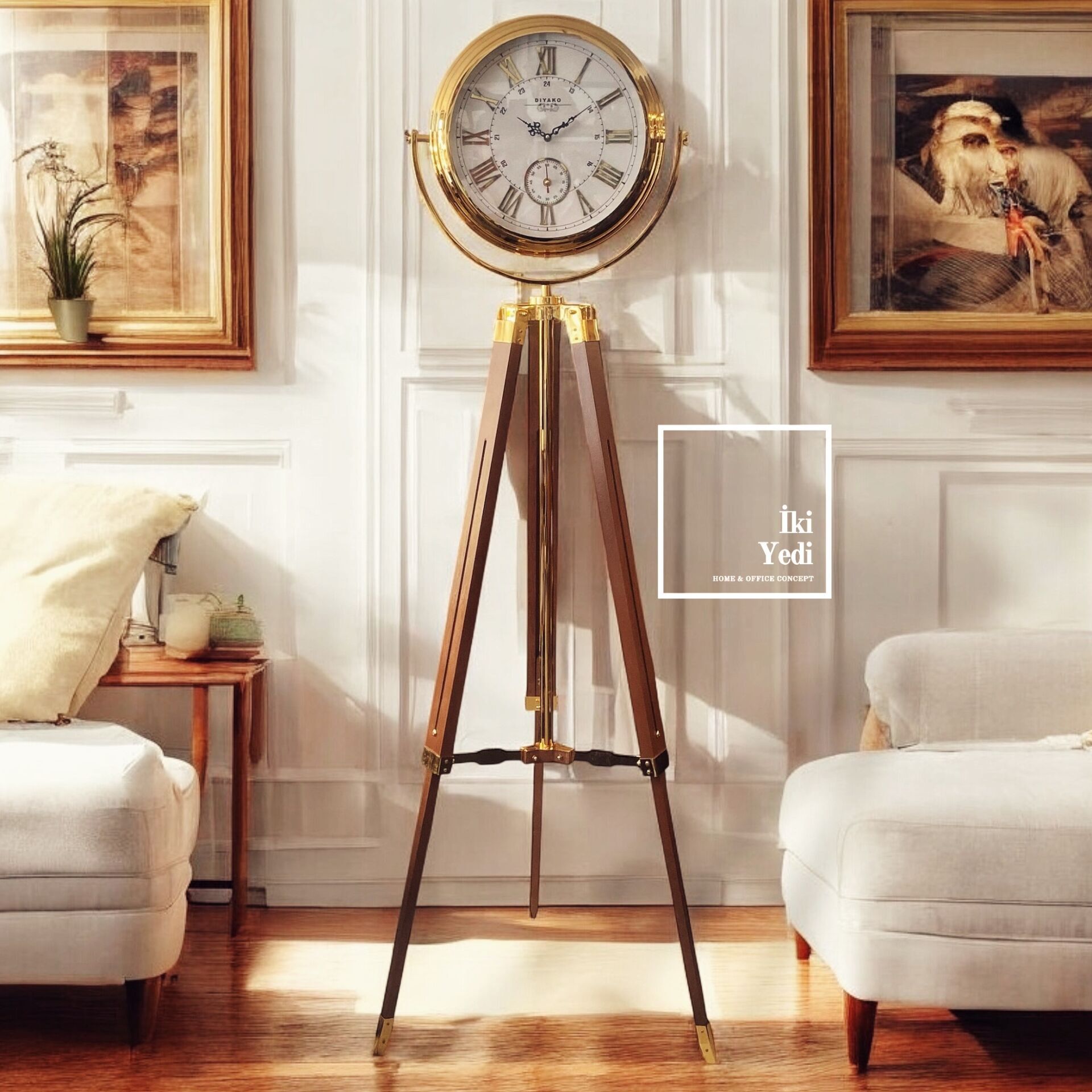 Schalke Tripod Ayaklı Dev Salon Saati, Ahşap Gövdeli Gold Saat, Lüks Ev Ofis Dekoratif Saat