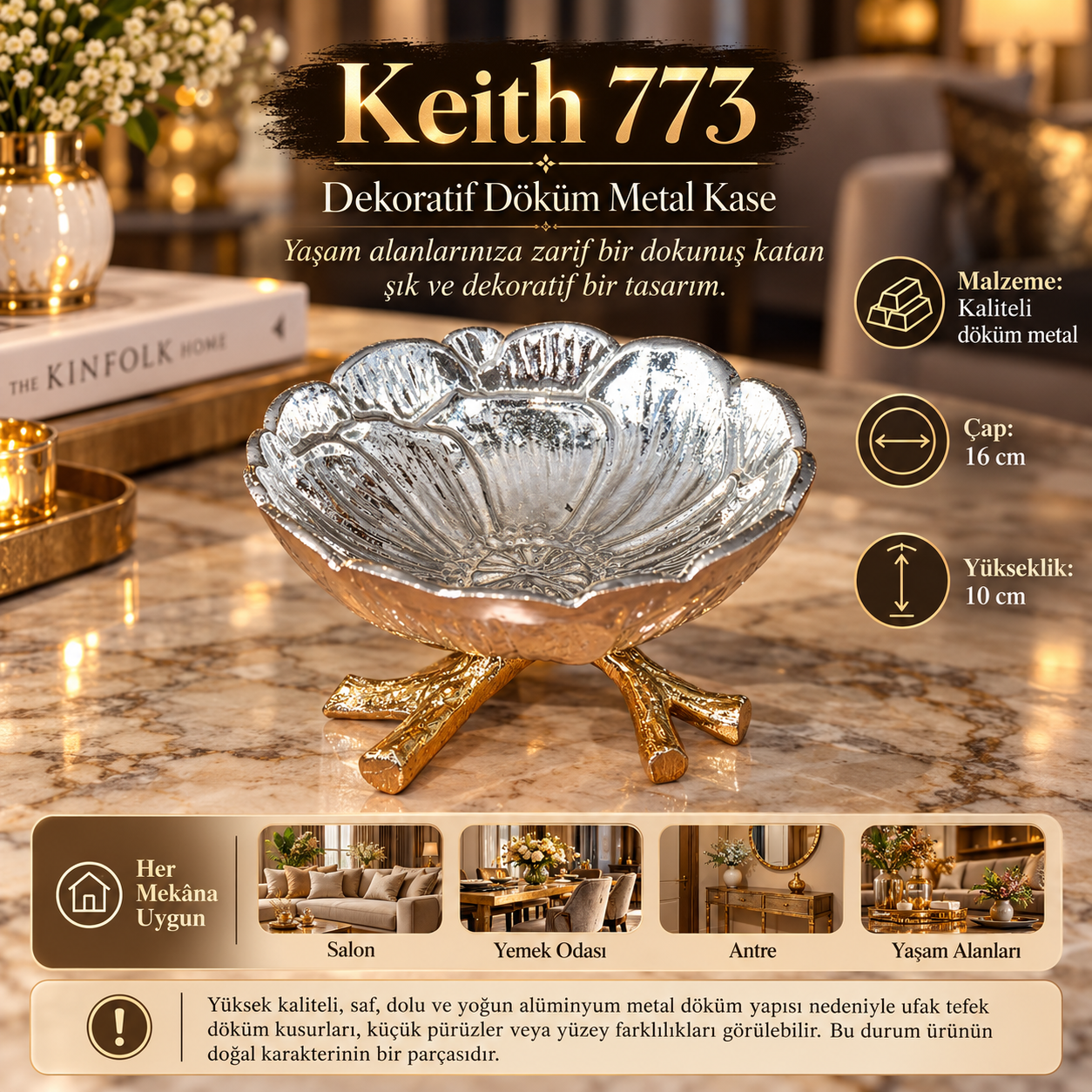 Keith 773 Dekoratif Döküm Metal Kase Çiçek Formlu Altın Ayaklı Şekerlik 16 cm Ev Ofis Hediyelik